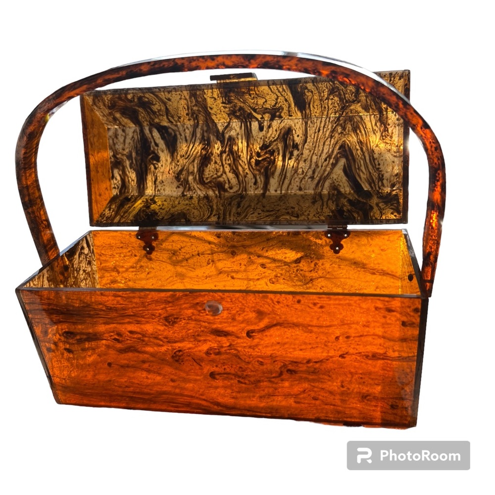 Vintage 50s Tortoiseshell Lucite Box Bag Acrylic Mini Purse Rare Mid Century - Picture 11 of 14